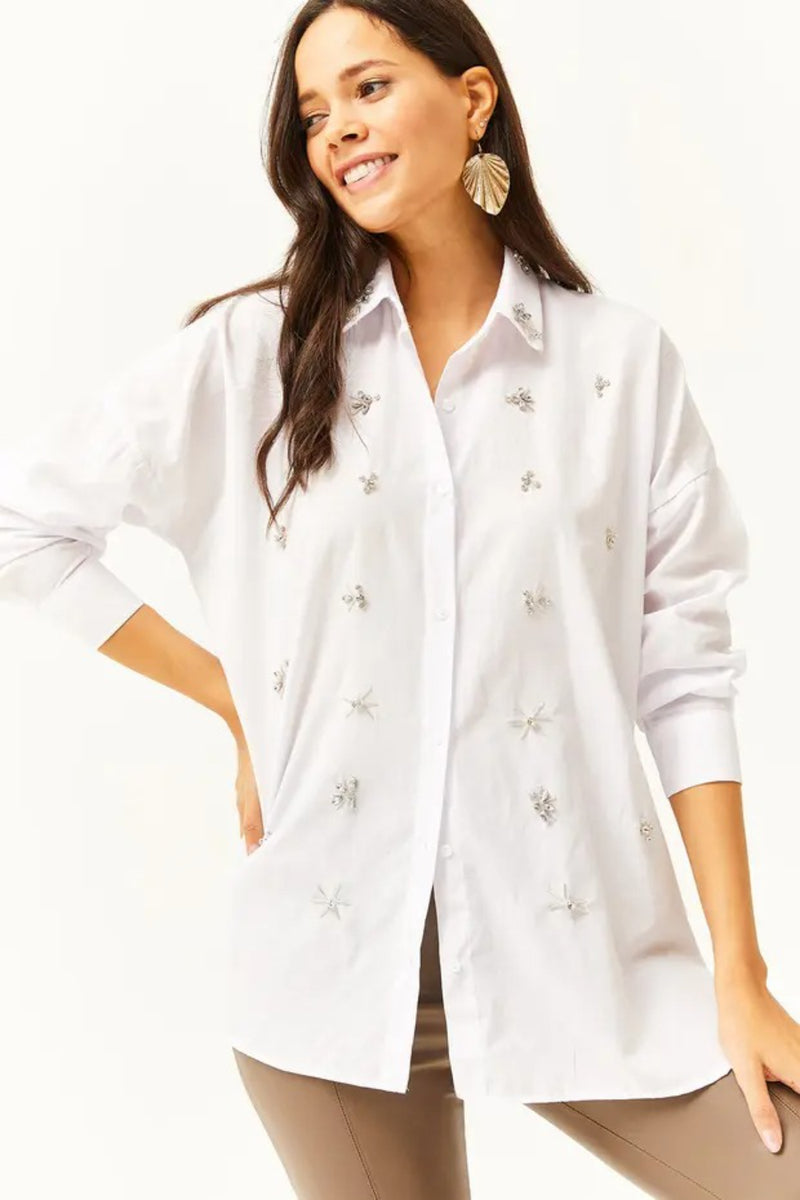 Taupe Shirt with Stone-Embellished Collar and Front, Oval Hem