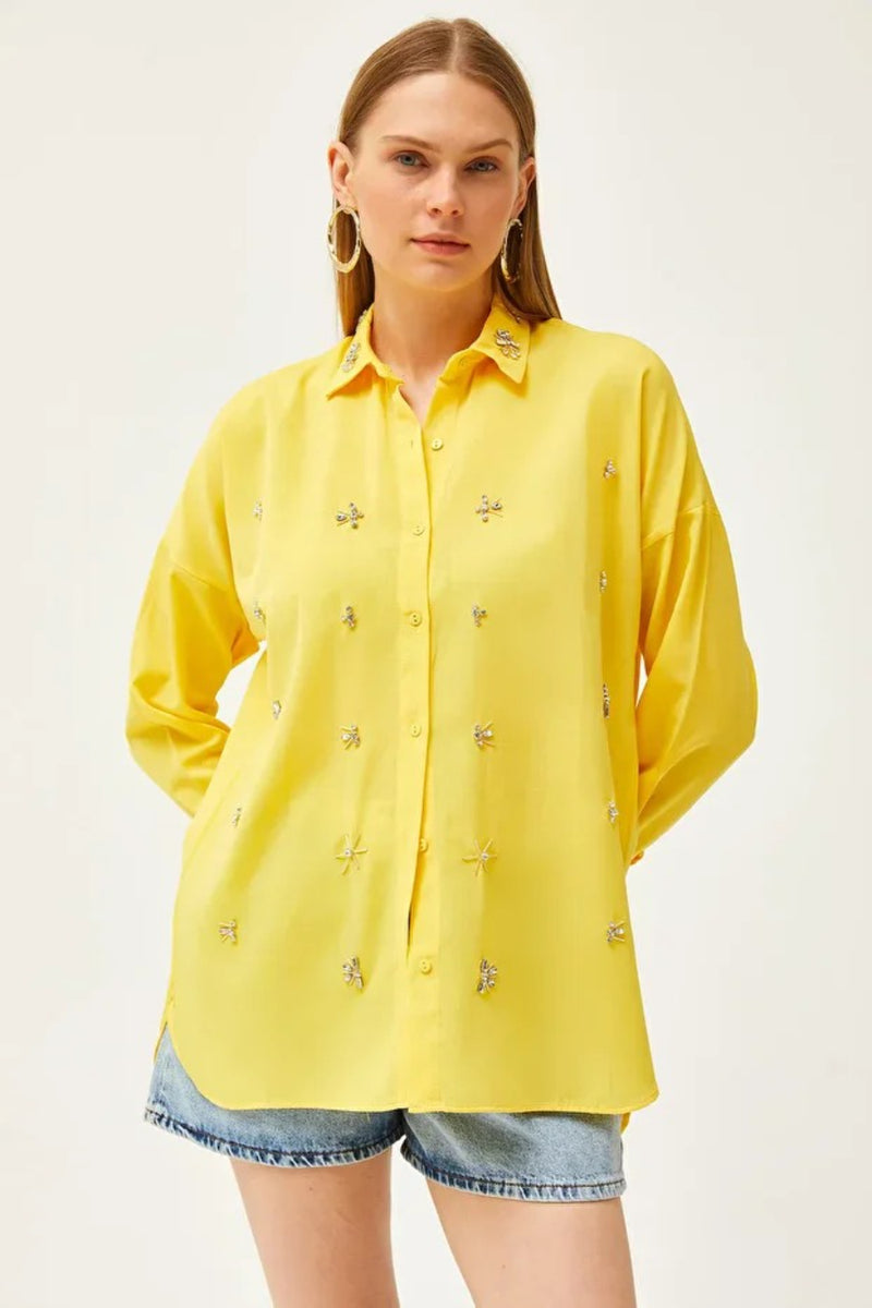 Taupe Shirt with Stone-Embellished Collar and Front, Oval Hem
