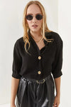 Linen Shirt with Wooden Buttons and Three-Quarter Sleeves