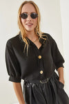 Linen Shirt with Wooden Buttons and Three-Quarter Sleeves
