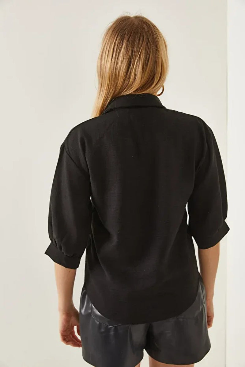 Linen Shirt with Wooden Buttons and Three-Quarter Sleeves