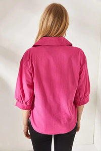 Linen Shirt with Wooden Buttons and Three-Quarter Sleeves