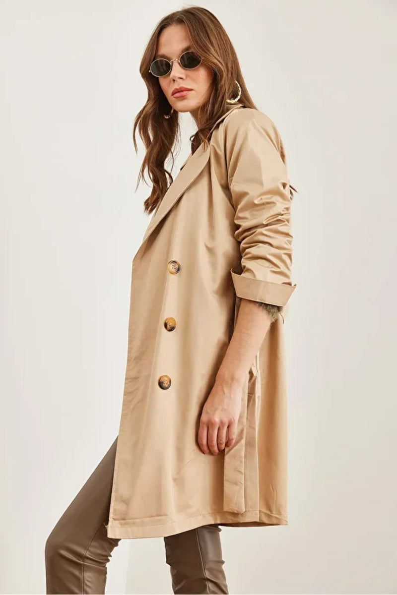 Buttoned Pocketed Unlined Lightweight Trench Coat