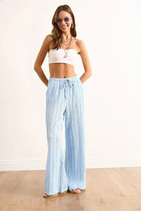 Textured Elastic Waist Pocketed Flowing Pants