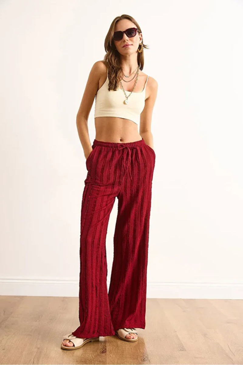 Textured Elastic Waist Pocketed Flowing Pants