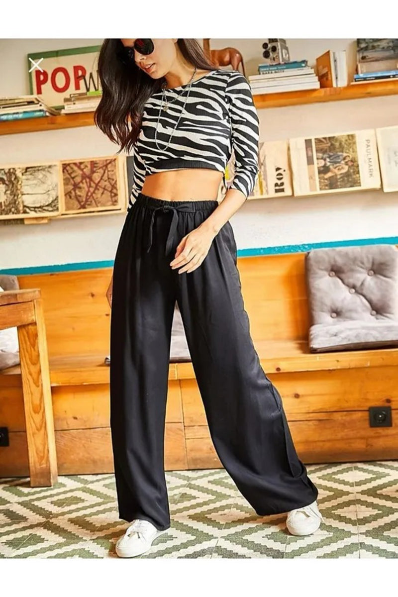 Basic Belted Woven Viscose Palazzo Pants