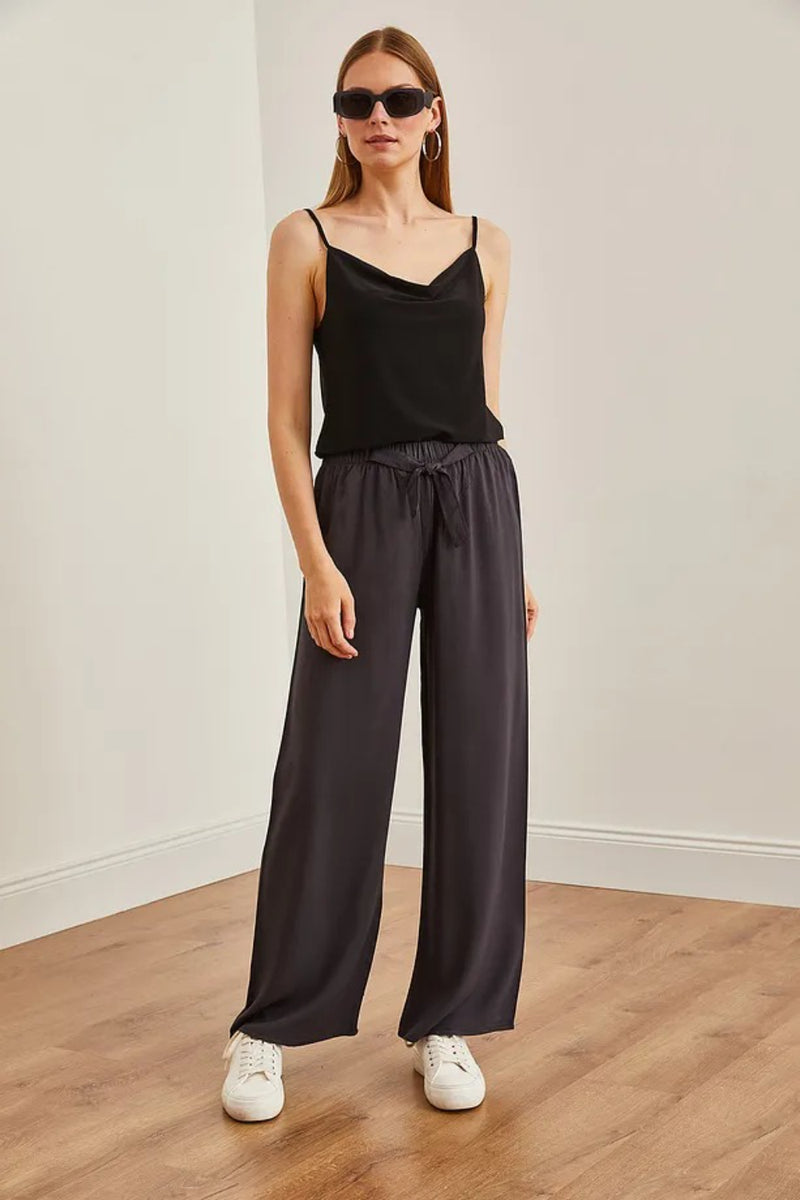 Basic Belted Woven Viscose Palazzo Pants
