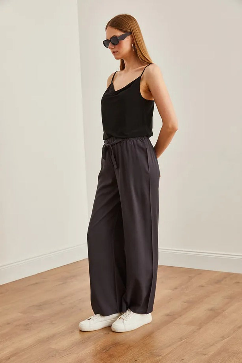Basic Belted Woven Viscose Palazzo Pants