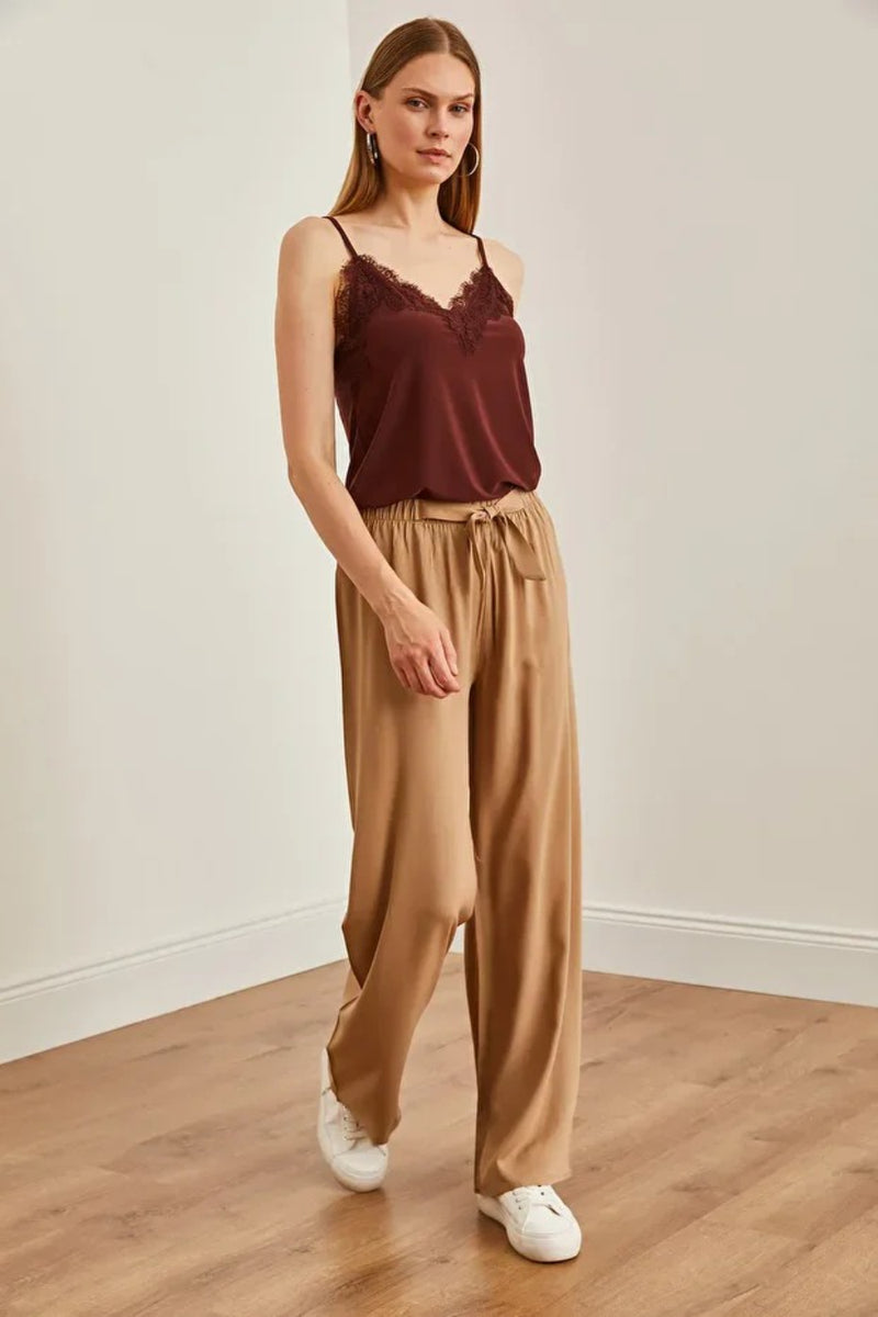 Basic Belted Woven Viscose Palazzo Pants