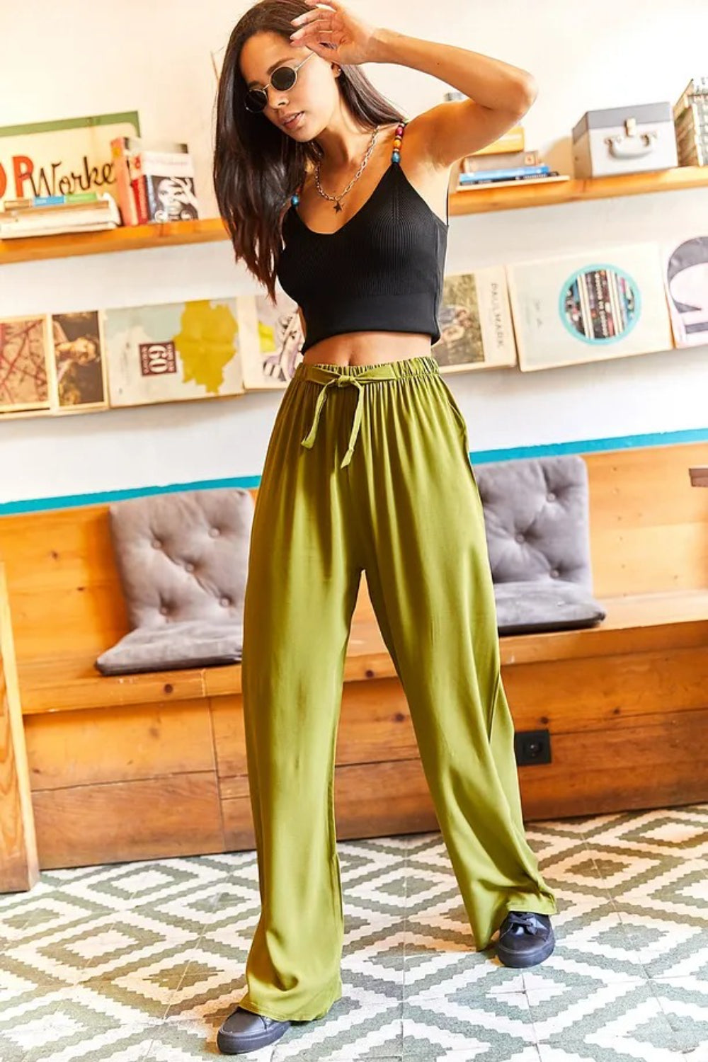 Belted Woven Viscose Palazzo Pants