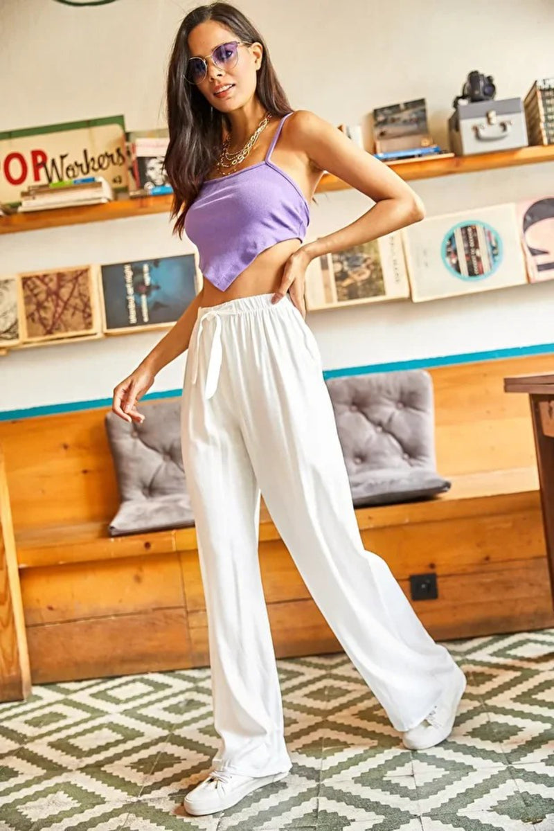 Belted Woven Viscose Palazzo Pants