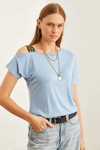 One-Shoulder Ethnic-Trim Blouse