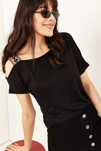 One-Shoulder Ethnic-Trim Blouse