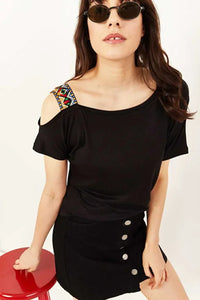 One-Shoulder Ethnic-Trim Blouse