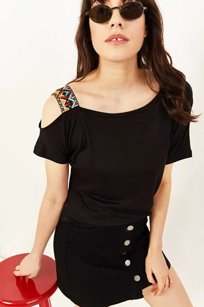 One-Shoulder Ethnic-Trim Blouse