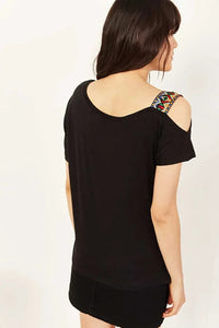 One-Shoulder Ethnic-Trim Blouse