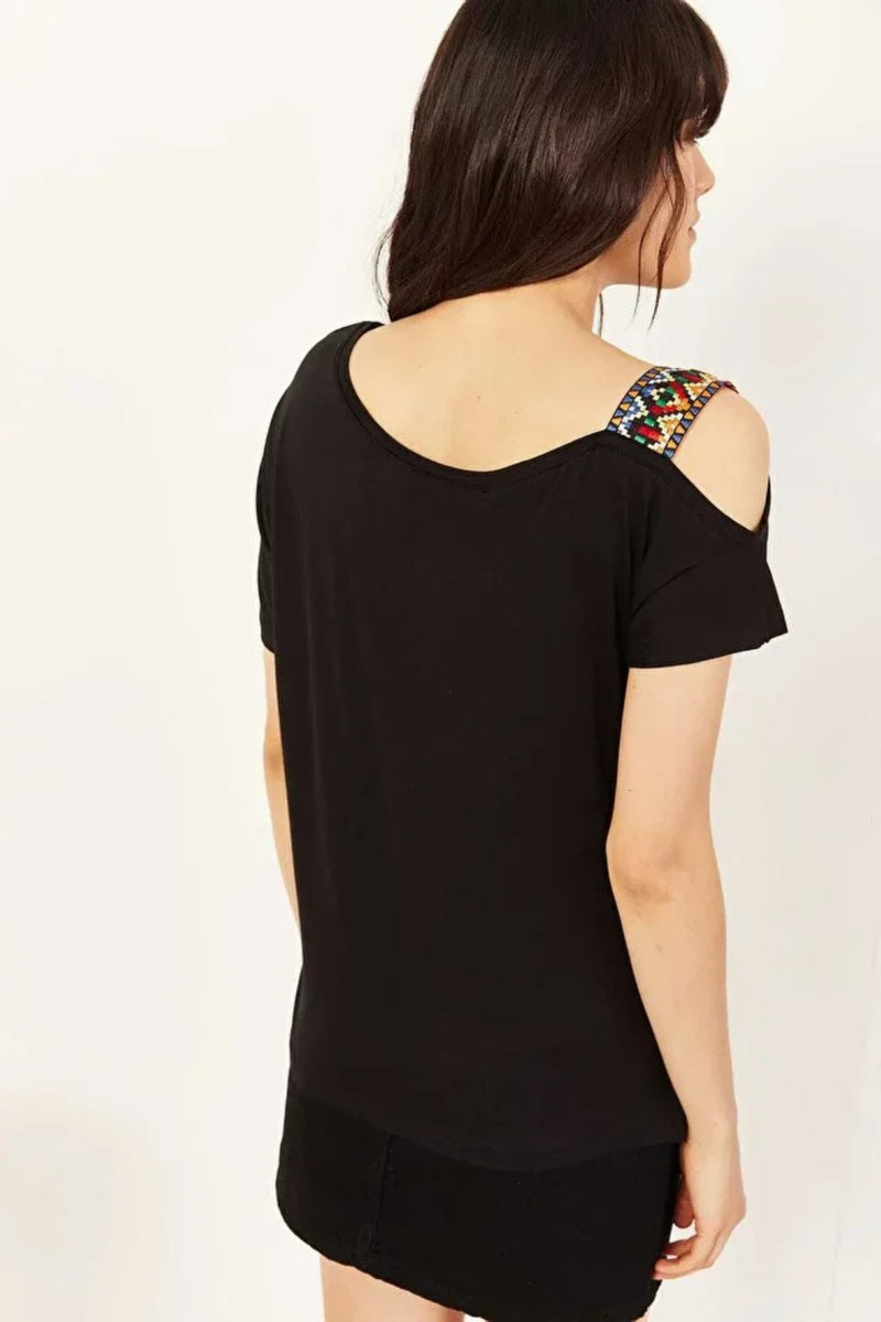 One-Shoulder Ethnic-Trim Blouse