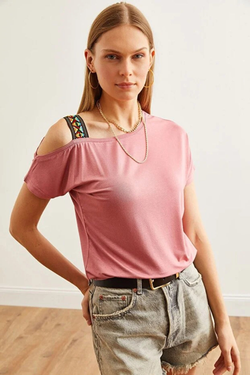 One-Shoulder Ethnic-Trim Blouse