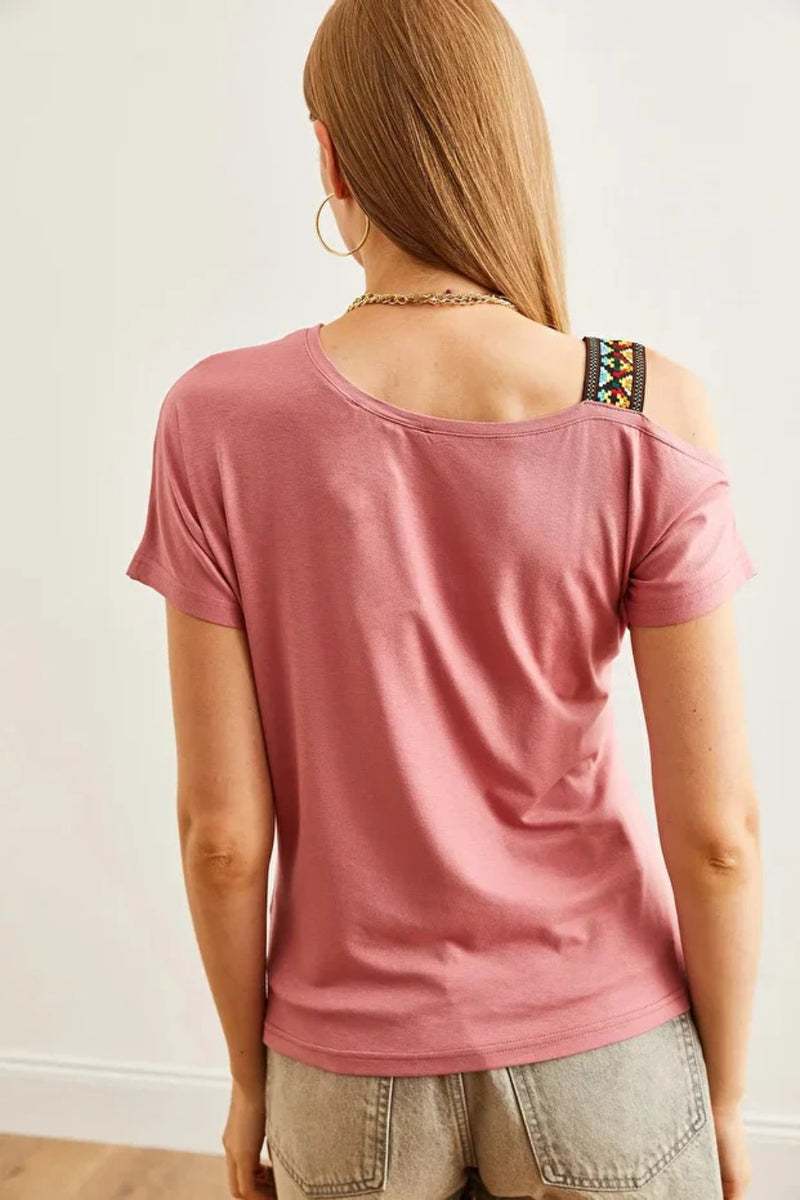 One-Shoulder Ethnic-Trim Blouse