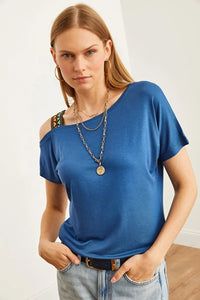 One-Shoulder Ethnic-Trim Blouse