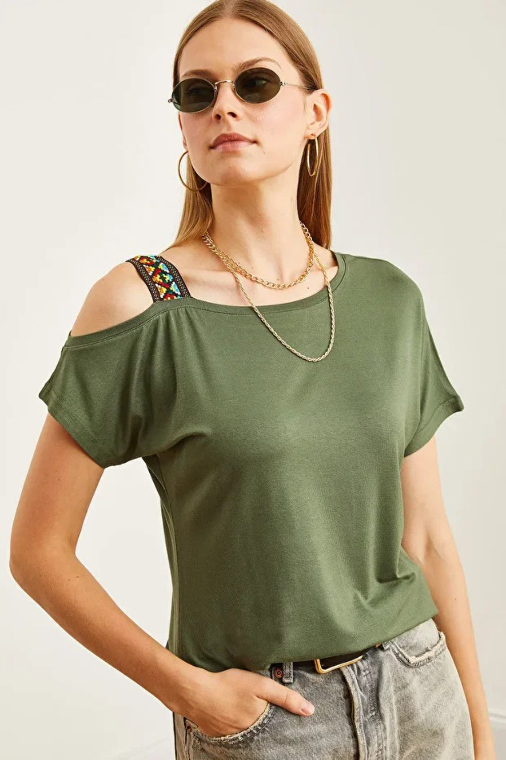 One-Shoulder Ethnic-Trim Blouse
