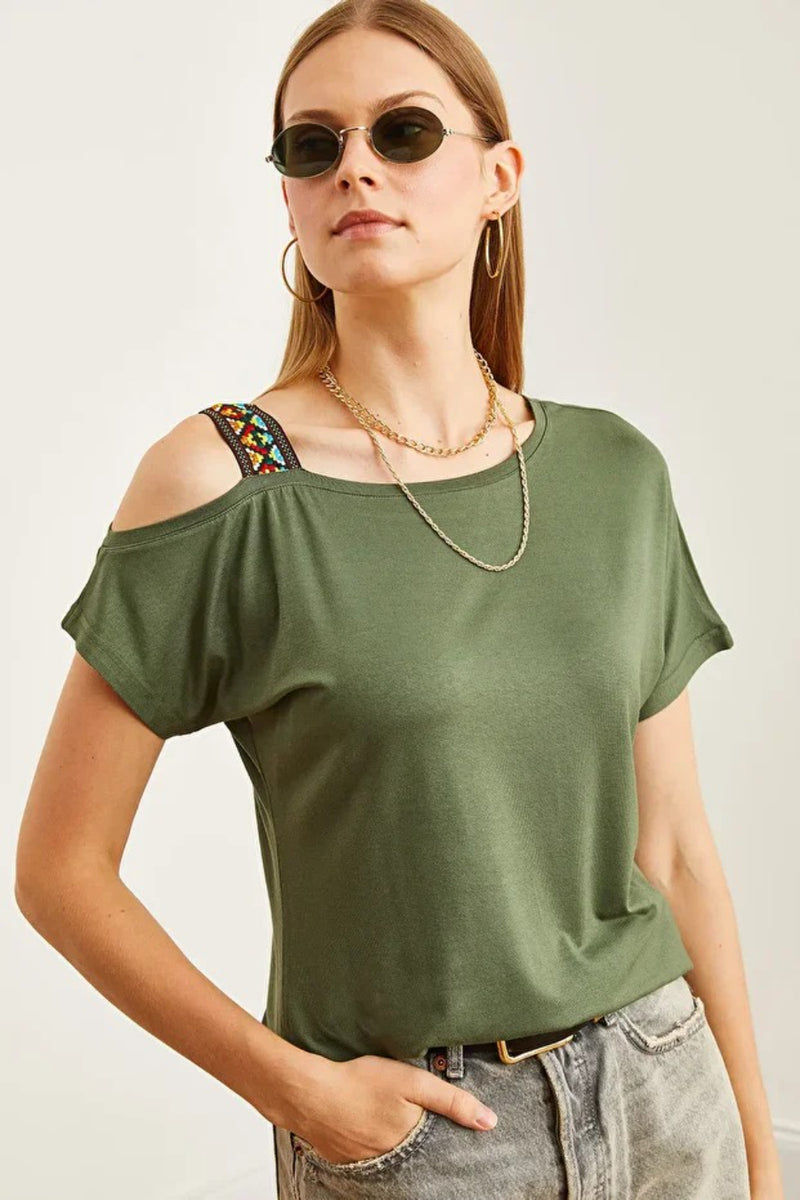 One-Shoulder Ethnic-Trim Blouse