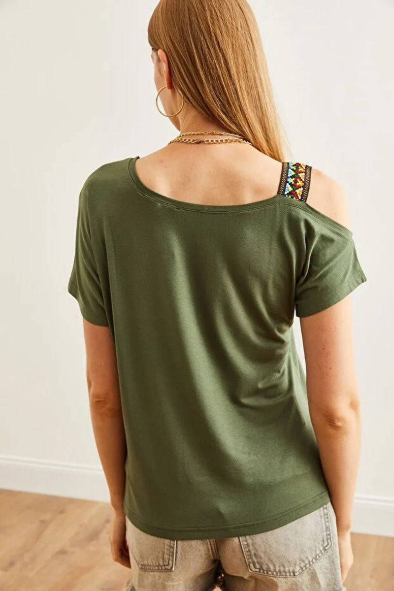 One-Shoulder Ethnic-Trim Blouse
