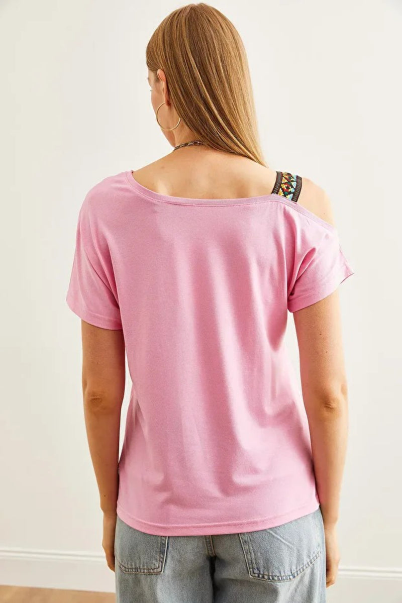 One-Shoulder Ethnic-Trim Blouse
