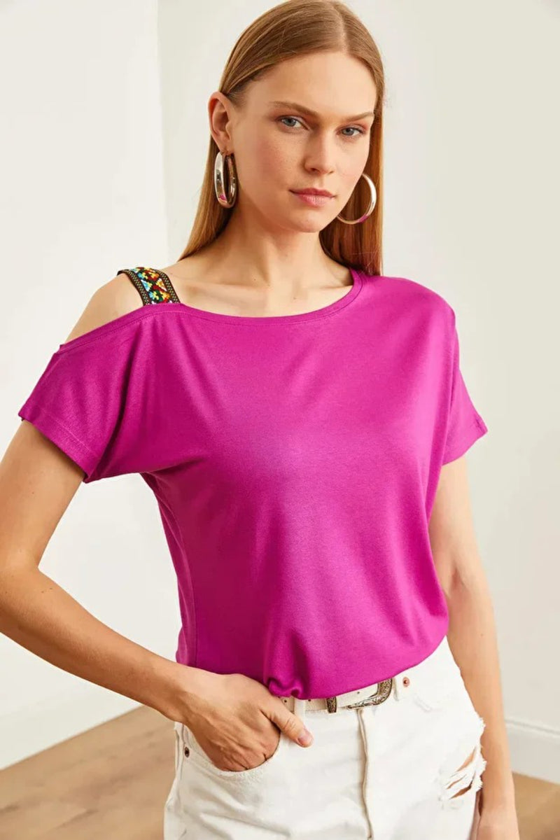 One-Shoulder Ethnic-Trim Blouse