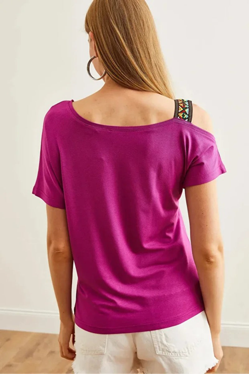 One-Shoulder Ethnic-Trim Blouse