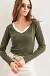 Neck-Detail Brushed Stretch Blouse
