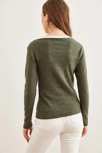 Neck-Detail Brushed Stretch Blouse