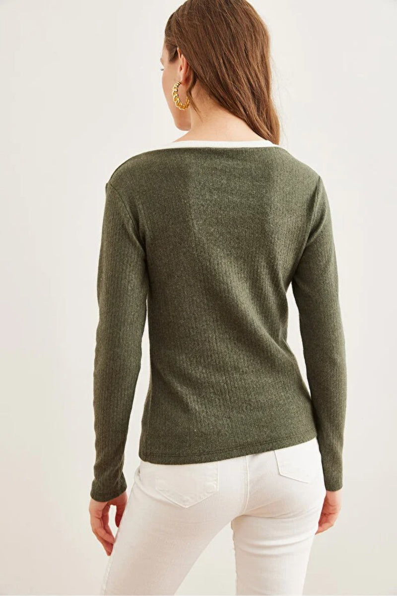 Neck-Detail Brushed Stretch Blouse