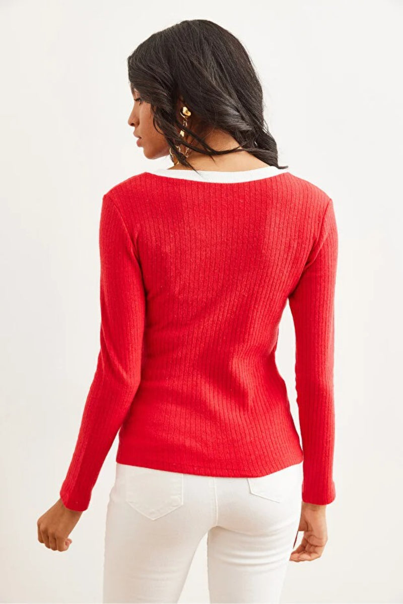 Neck-Detail Brushed Stretch Blouse