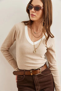 Neck-Detail Brushed Stretch Blouse