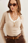 Neck-Detail Brushed Stretch Blouse