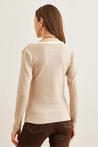 Neck-Detail Brushed Stretch Blouse