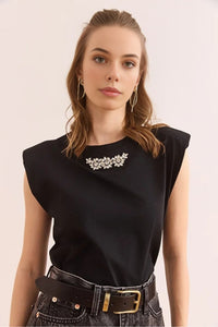 Padded Shoulder Cotton T-Shirt with Stone Details