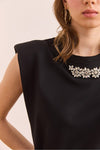 Padded Shoulder Cotton T-Shirt with Stone Details