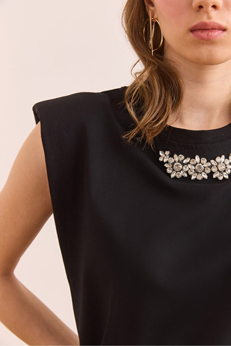 Padded Shoulder Cotton T-Shirt with Stone Details