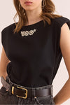 Padded Shoulder Cotton T-Shirt with Stone Details