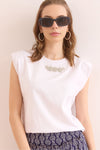 Padded Shoulder Cotton T-Shirt with Stone Details
