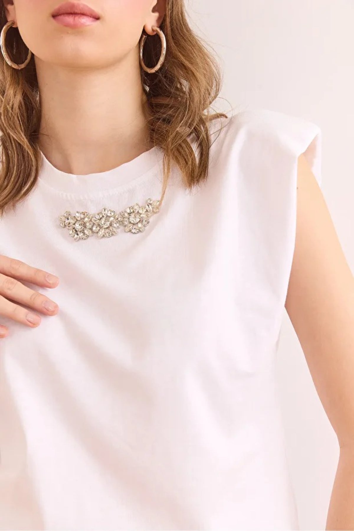 Padded Shoulder Cotton T-Shirt with Stone Details