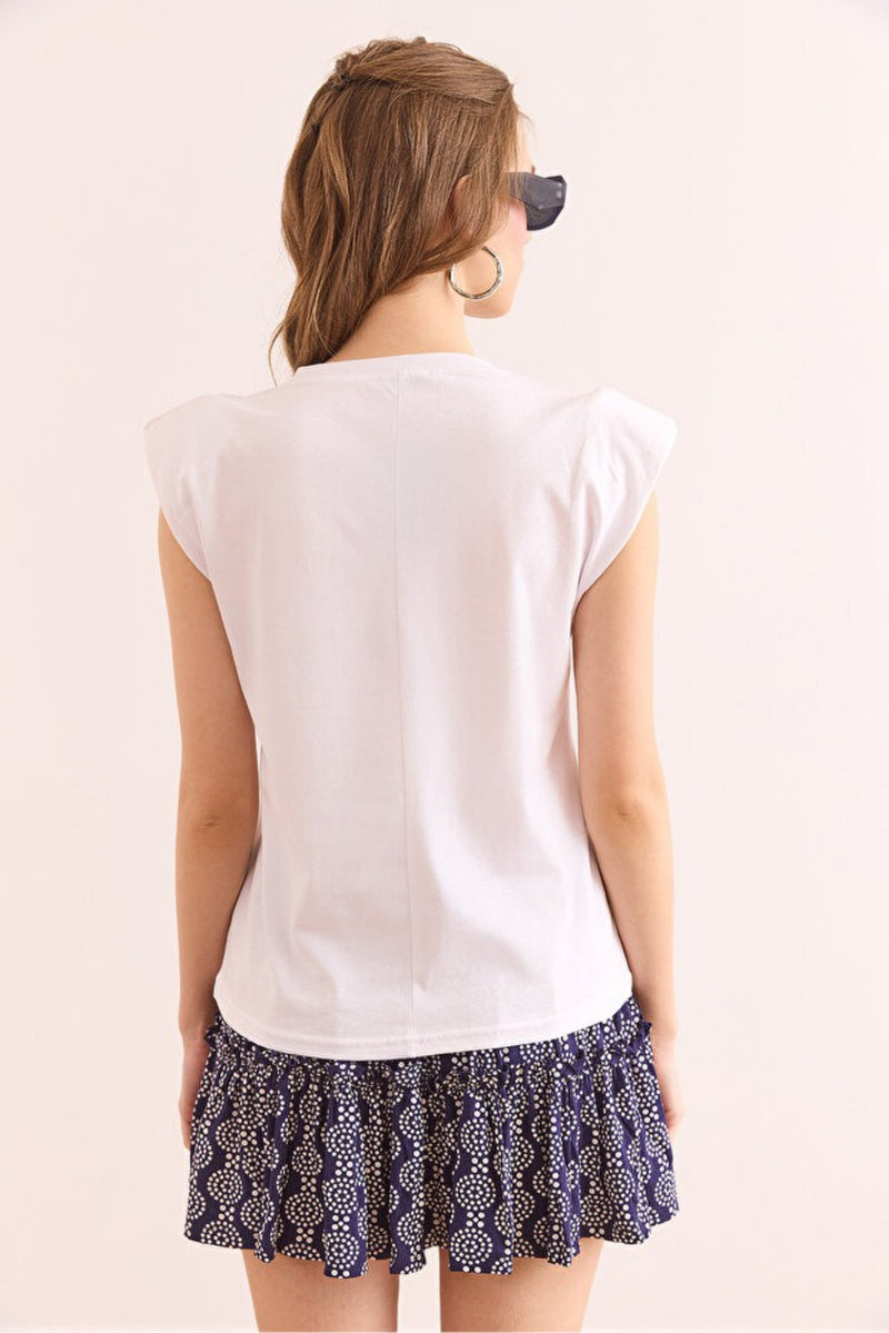 Padded Shoulder Cotton T-Shirt with Stone Details
