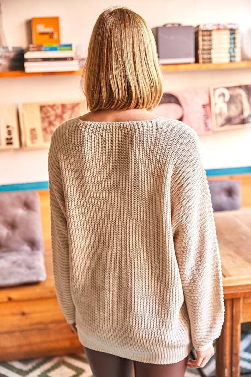 V-Neck Fisherman’s Rib Knit Oversized Sweater