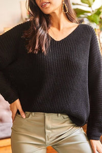V-Neck Fisherman’s Rib Knit Oversized Sweater