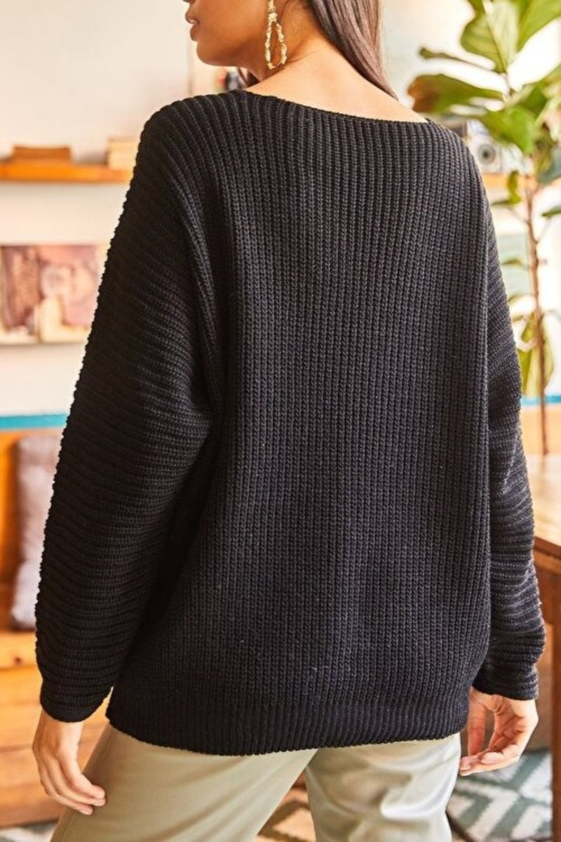 V-Neck Fisherman’s Rib Knit Oversized Sweater