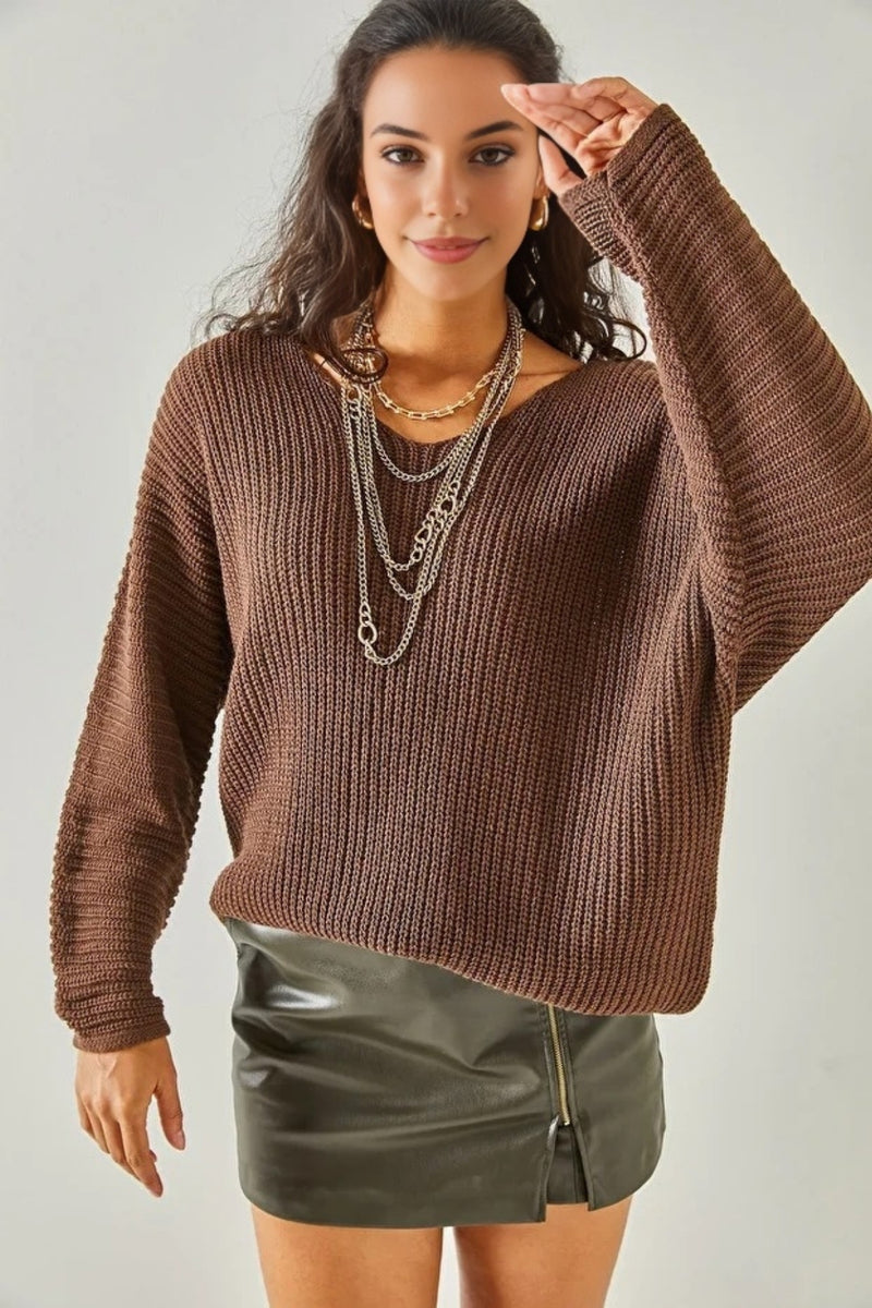 V-Neck Fisherman’s Rib Knit Oversized Sweater