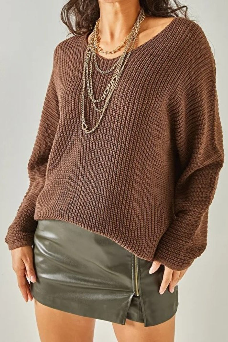 V-Neck Fisherman’s Rib Knit Oversized Sweater
