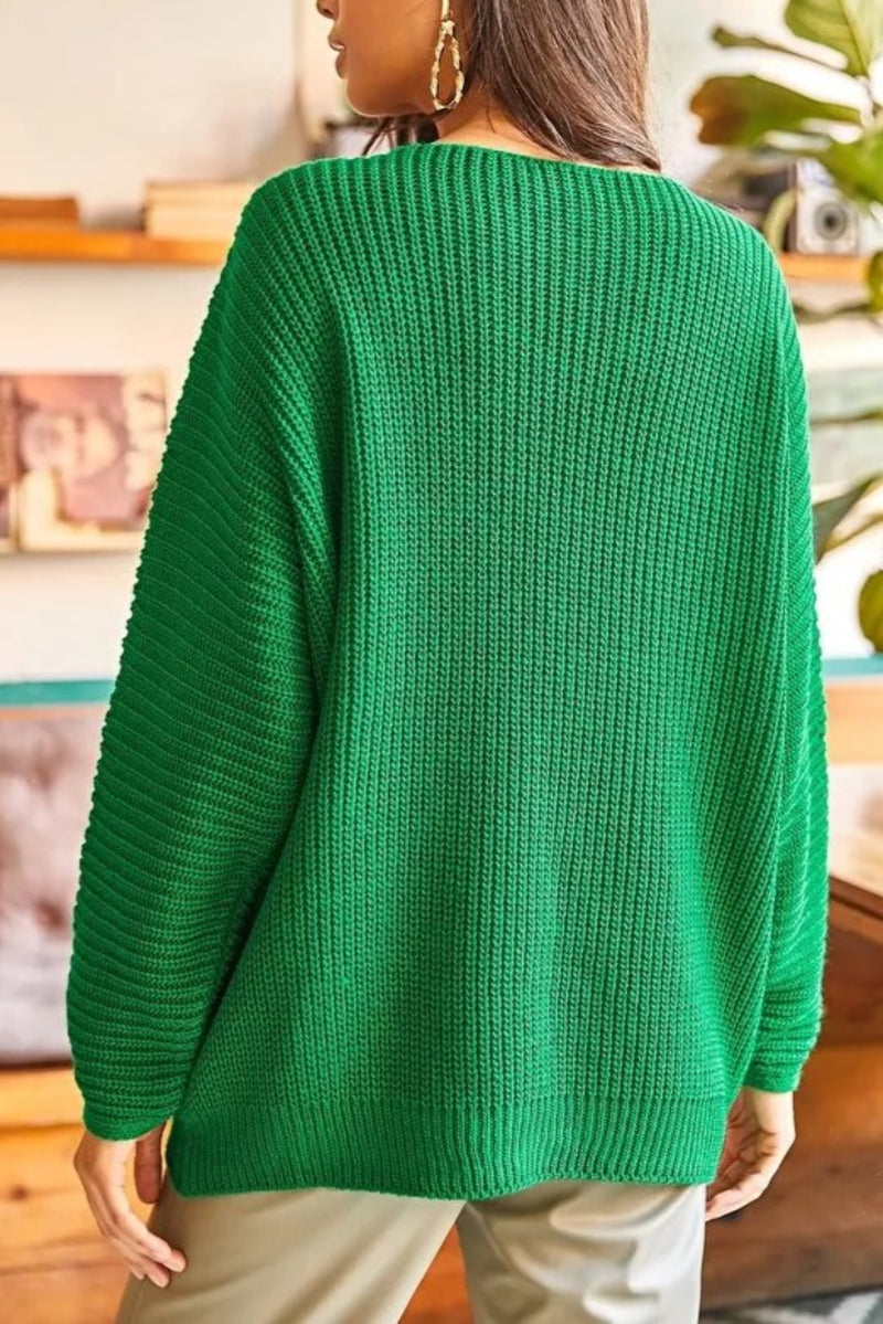 V-Neck Fisherman’s Rib Knit Oversized Sweater